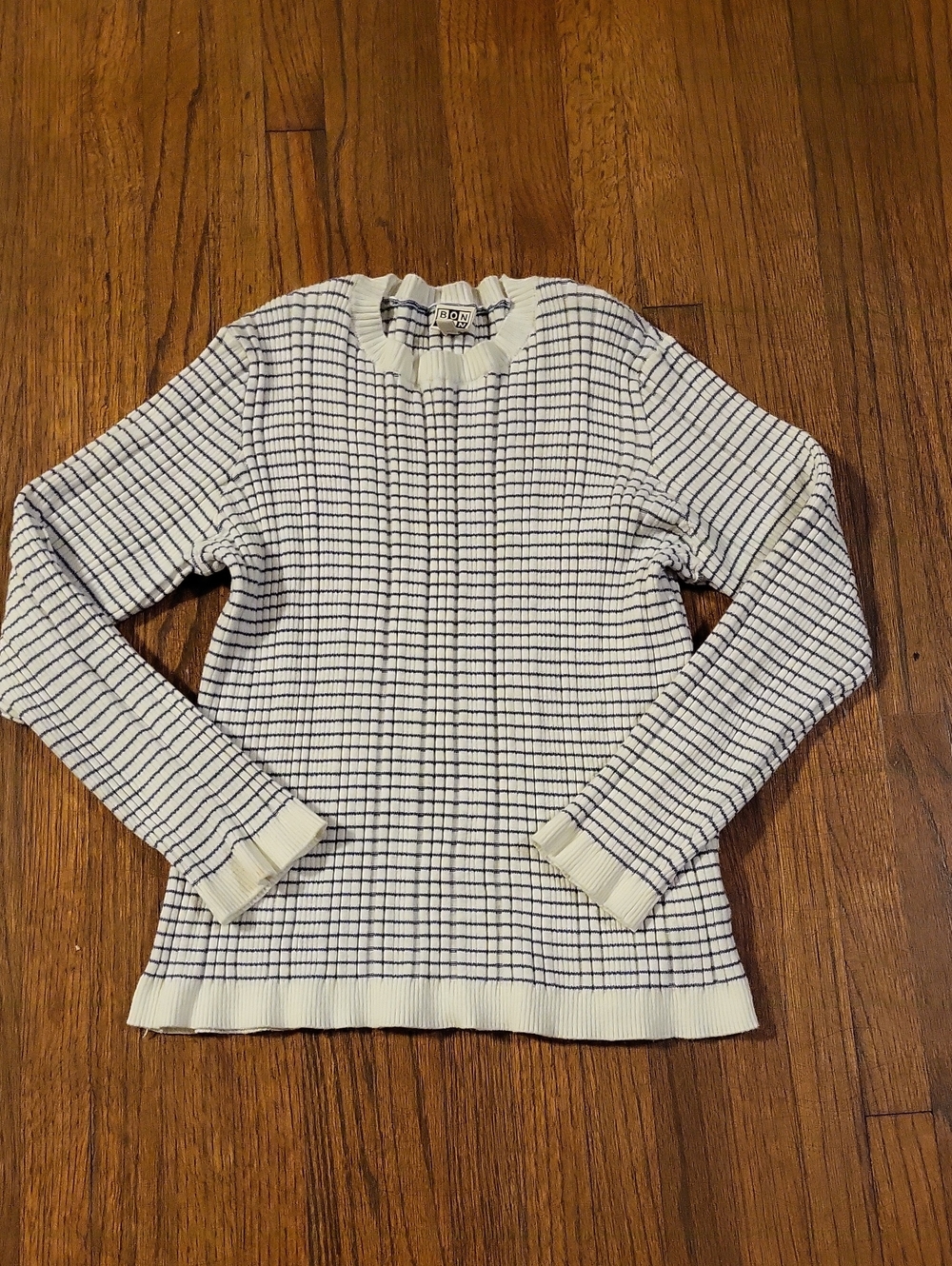 Bonton Cream Sweater with Navy Grid
